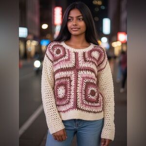 Dreamers by Debut Women's S/M Neapolitan Crocheted Knit Sweater Granny Squares